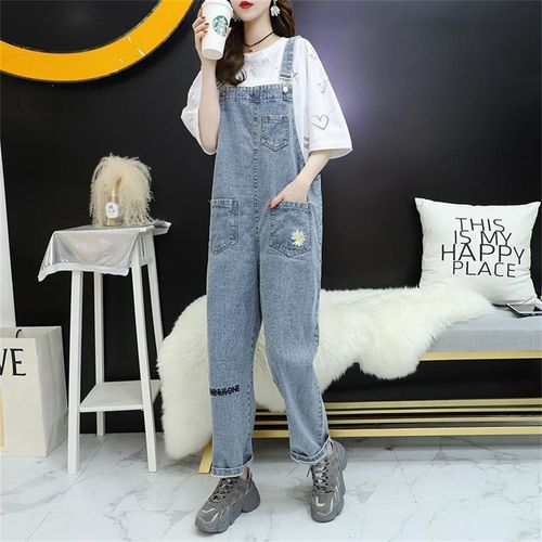 TIRA 여성 데님 멜빵바지 캐주얼 루즈핏 점프수트 청바지 귀여운 자수 데일리