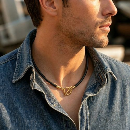 르포렘 써지컬스틸 남녀공용 토글 가죽 초커 목걸이 데일리 커플템