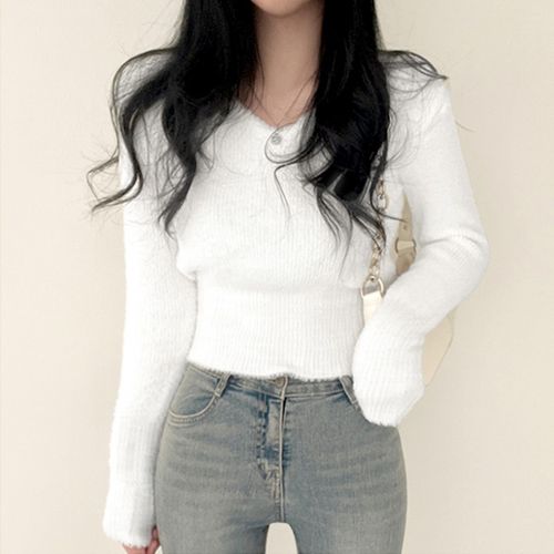 라라홀리 러블리 심플 브이넥 허리라인 슬리핏 숏 긴팔 니트