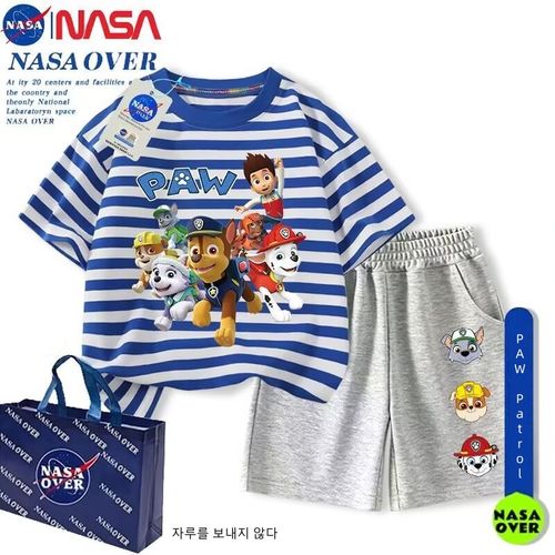 PAW Patrol 남자 어린이 반팔 반바지 세트 여름 신상품 남녀 어린이 줄무늬 상의 티셔츠 패션 캐주얼 세트S975
