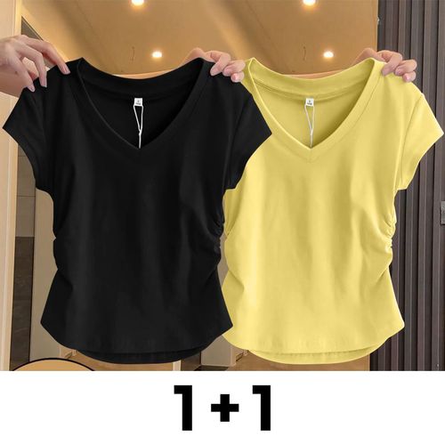 메인워크1+1 여성 브이넥 반팔티셔츠 여름 냉장고 셔링 고급 무지 오버핏 빈티지 패션 시크 하객룩 아이스 쿨링 루즈핏 상의 투피스 2매입
