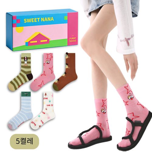 스위트나나 여성 여름양말 귀여운 캐릭터 중묙양말 5켤레 세트