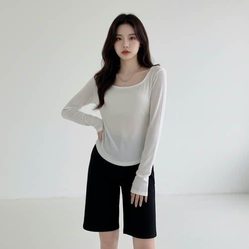 구디프 여성용 여리핏 슬림 딥유넥 라운드 슬릿 기본 긴팔티