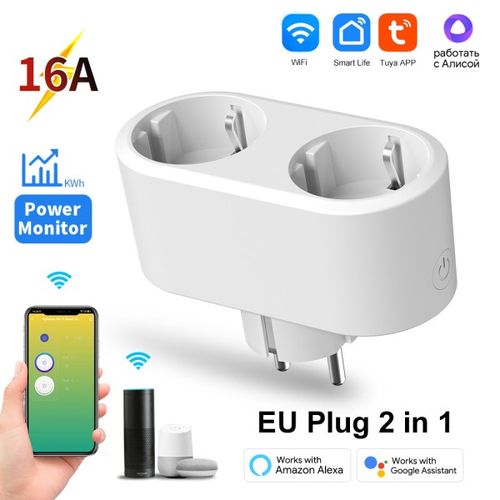 Tuya WiFi 듀얼 콘센트 16A APP 스마트 플러그 2 in 1 소켓 EU, 에너지 계량 타이머 기능 포함 Alexa Googl