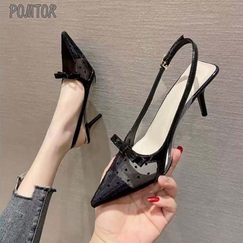 POMTOR 여성용 리본 힐 샌들 패션 슬링백힐 펌프스 구두 힐 여자 여름 샌들