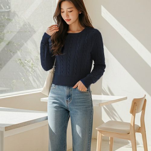 스퀘어넥 꽈배기 니트 여성 여리핏 크롭 긴팔