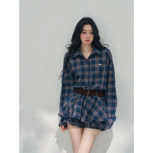 Shaoyeyan 샤오예얀 아메리칸 레트로 체크 패턴 벨티드 와이드 셔츠 레깅스 셋업