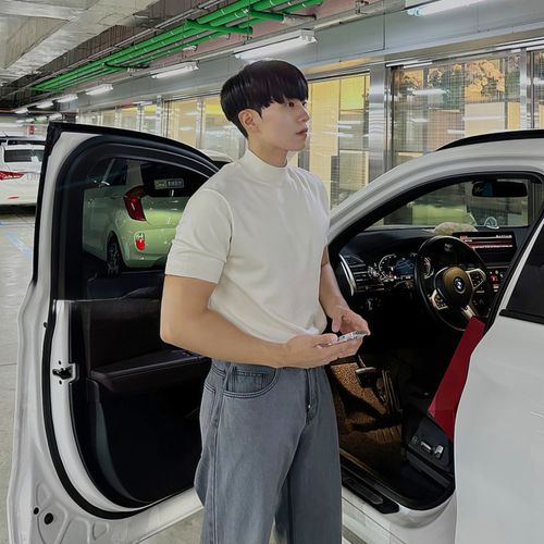 Seofst 남성 반하이넥 니트 반팔티 봄여름 슬림핏 고급 반팔 티셔츠