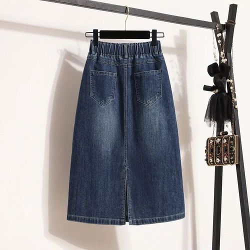 AOKADA 여성 여름 스판 좋은 A라인 미디 데님 스커트 빈티지 데일리 오피스 청치마