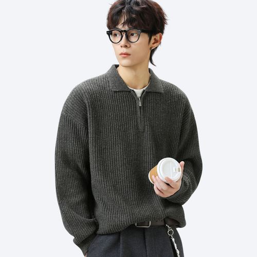에치케이 카라넥 긴팔 니트웨어 시보리 무지 집업스웨터 단색 남친룩