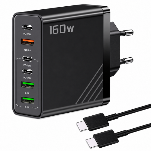 6in1 c타입 고속 충전기 160W 2TYPE-C+2USB+PD+QC+ C TO C 1M 100w 케이블 세트