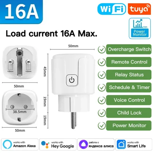 TNCE Tuya EU 플러그 Zigbee WIFI 1620A 스마트 소켓 콘센트 유형 CEF 전원 모니터 어댑터 Alexa Google Ho
