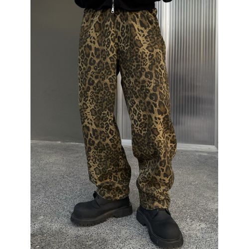 레오파드 데님 팬츠 하이퀄리티 트렌드 패션 캐주얼 팬츠 긴바지
