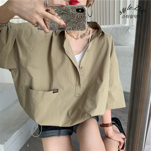 스타일닥터 여성 캐주얼 반팔 루즈핏 풀오버 브이넥 셔츠