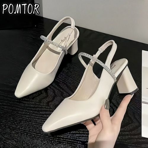 POMTOR 여성용 통굽 미들힐 슬링백힐 펌프스 발편한 여자 여름 샌들
