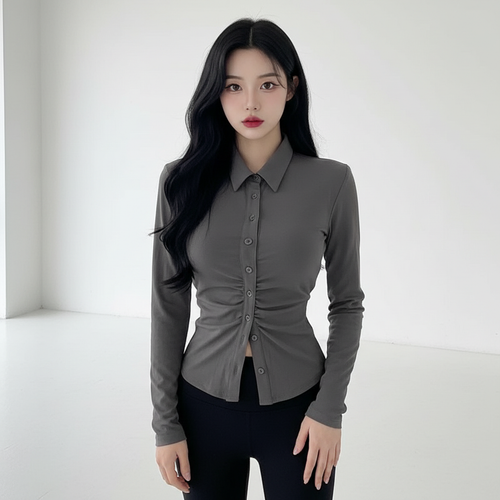 마켓피아 여성용 셔링 카라넥 슬림핏 블라우스 셔츠