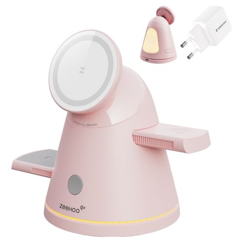 ZeeHoo 4 in 1 무선충전기,삼성 갤럭시&애플 충전기, Qi2 15W 고속 충전,갤럭시워치 충전기,이어폰 맥세이프 충전, LED 무드등, 30W 어댑터 포함, 1개, 핑크