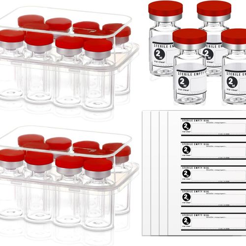 Threlaco 20개 2ml 밀폐 멸균 빈 바이알 자가 치유 주사 포트 유리 페니실린 병 라벨 스티커 포함 블루