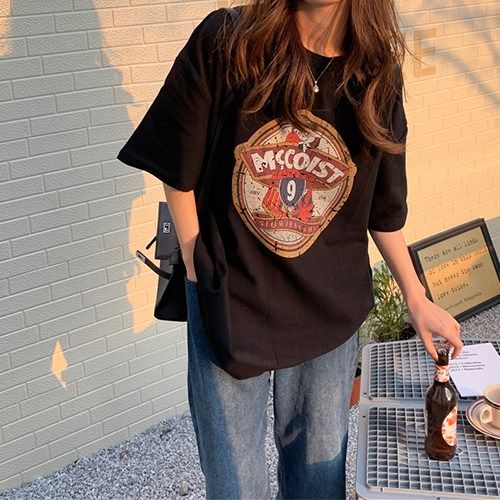 빈티지 로고 프린트 루즈핏 오버핏 빅사이즈 반팔티셔츠 100% 면 통기성 썸머 라운드넥 여성티셔츠