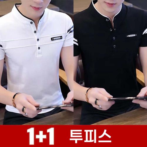 TKX 1+1 남성 반팔 티셔츠 스탠드넥 버튼 캐주얼 고급 여름 데일리 심플 스타일
