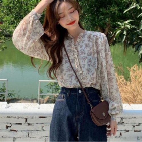 쉬폰 블라우스 플라워 프릴 레이스 포인트 긴팔 셔츠 모임룩 퍼프소매블라우스 하객룩