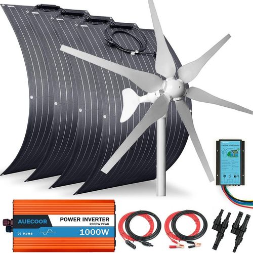 AUECOOR 800와트 24볼트 태양광 패널 풍력 터빈 하이브리드 시스템 키트: 4장씩 100W ETFE 유연 4pc ETFE Solar panel+Wind Turbine Kit
