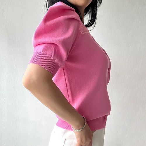 네모엔룩 봉긋퍼프레이스 여성용 앞가슴 레이스장식 핀턱주름 퍼프소매 스퀘어넥 노스티키 쿨감 세미크롭 여름 반소매 니트 가디건