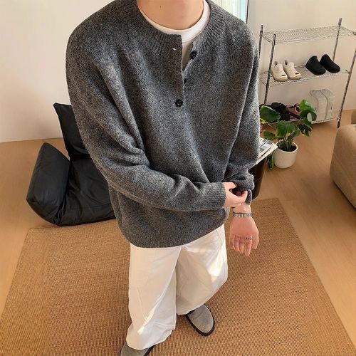 빛나는 판다 그레이 아메리칸 빈티지 헨리넥 스웨터 남성 가을 겨울 나른한 고급감 니트 cleanfit 코트 남성 니트 남성 겨울 니트