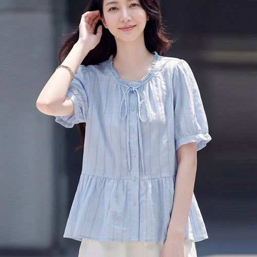 나바바 NB3193 여성 산뜻 시원한 스트라이프 프릴 리본 라운드넥 반팔 블라우스