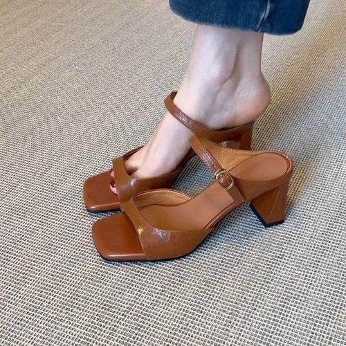 여성 뮬샌들 여름 스퀘어토 스트랩 샌들 미들힐 데일리 슬리퍼 샌들 출근룩
