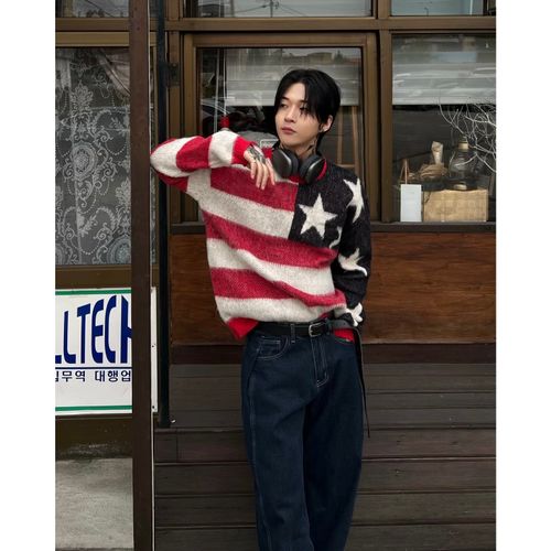 Usall 아메리카 성조기 울 니트 미국 국기 프린팅 로고 USA 티