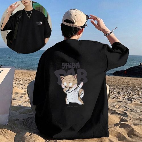 FONOW 반팔면티 순면 100% 남성 루즈핏 반팔티셔츠 빅사이즈 패션 여성티셔츠 편하고 통기성 여름캐주얼 라운드티셔츠 캐릭터 멋쟁이 강아지 양면 프린트 디자인 빅사이즈여성쇼핑몰