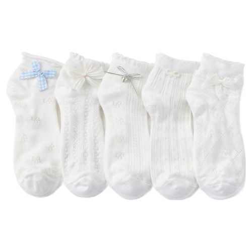 여성용 화이트 블룸 리본 양말 5켤레 세트 AW23