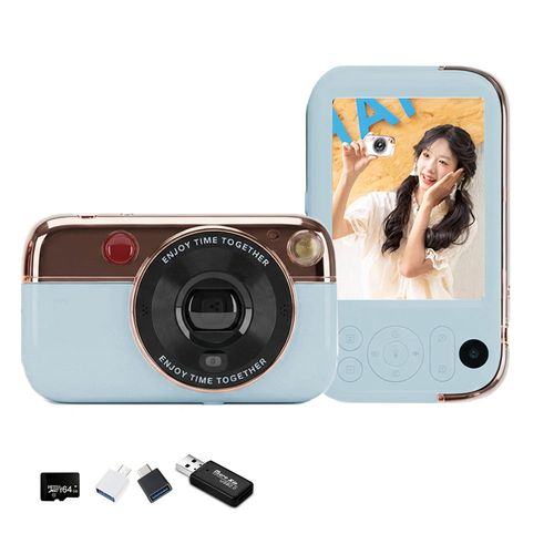 MOKIN 6400W 초고화질 레트로 미니 디지털 카메라 셀카 동영상 촬영용 + 64G sd카드 + 리더기 Y08 세트, 라이트블루