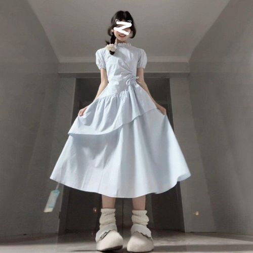 티류으스 여성 여름 반팔 프렌치 블루 스트링 허리조임 비대칭 케이크 롱 원피스 Lyw
