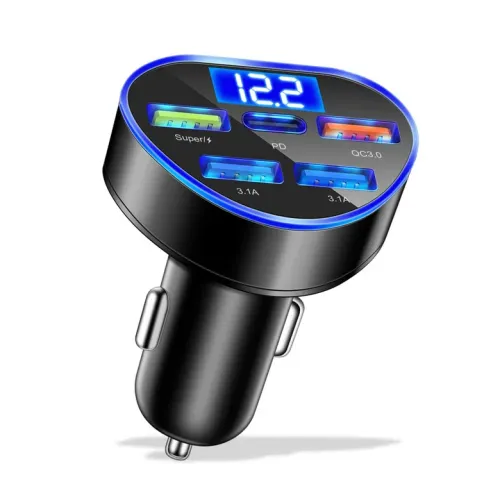 350W 5포트 차량용 휴대폰 충전기 PD 하트 모양 USB 타입 C 고속 시거잭 LED 전압 모니터 포함