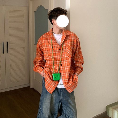 인어미남 남성 봄가을 오렌지 체크 셔츠 디자인의 긴팔 셔츠 루즈핏 블레이저 얇은 코트