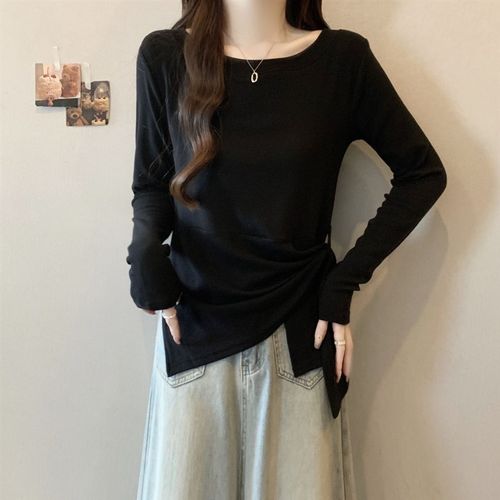 Beriieto 여성용 긴팔 티셔츠 심플한 디자인 비대칭 밑단 봄 가을 캐주얼 코튼 블렌드