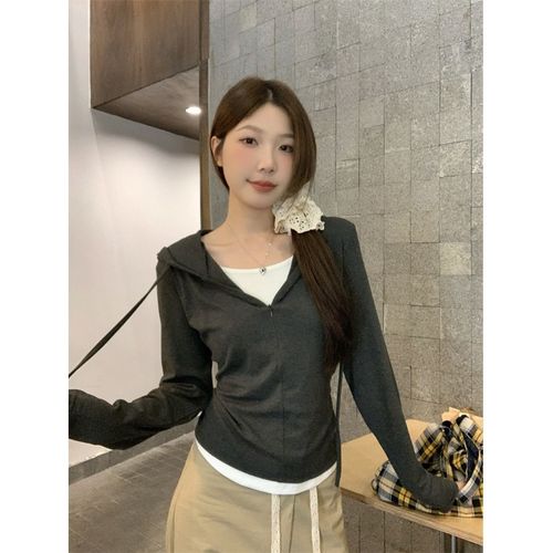 엘라누아르 빅사이즈 여성 가을 캐주얼 레트로 페이크 레이어드 후드 긴팔 티셔츠