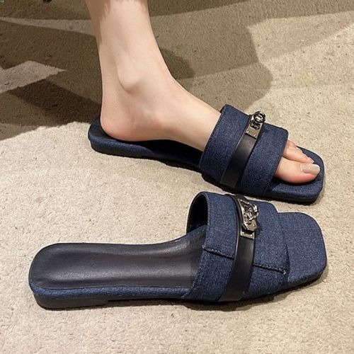 Makone 여성 슬리퍼 여름용 비치 샌들 데님 원단 메탈장식 여성용