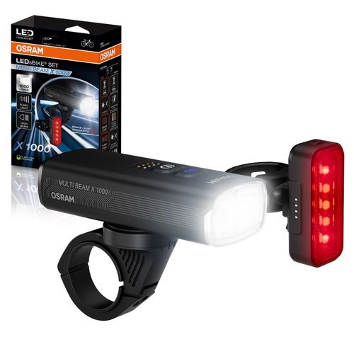 오스람 충전식 LED 자전거 MULTI BEAM X 1000 전조 후미등 세트, 블랙, 1세트