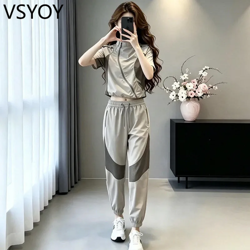 VSYOY 달콤한 쿨 캐주얼 세트 여성 여름 새로운 슬림 대비 스티칭 짧은 소매 탑 2 피스 스포츠 바지
