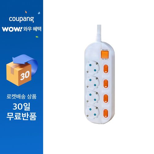 과부하차단 고용량 멀티탭 4000w 냉장고 에어컨 개별스위치 멀티콘센트 4구, 1개, 화이트, 1.5m
