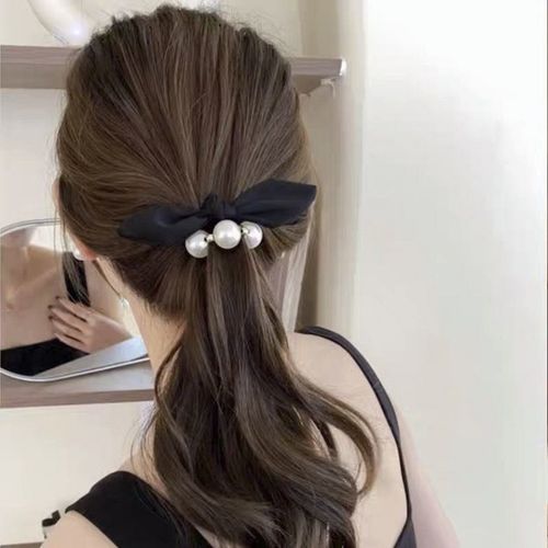 우아한 와이어 리본 머리 끈 진주 곱창 올림 밴드 테일 스크런치 헤어슈슈 띠 악세사리