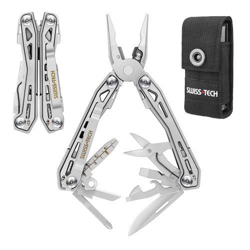 SWISS+TECH 16in1 EDC 다기능 플라이어 아웃도어 멀티툴 서바이벌 도구 커터 톱 병따개 수납가방 포함 야외 DIY 등산 캠핑용, 1개, 실버