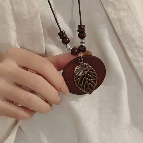 목재 원형 펜던트 가죽 끈 비즈 장식 빈티지 레트로 민속 스타일 남녀공용