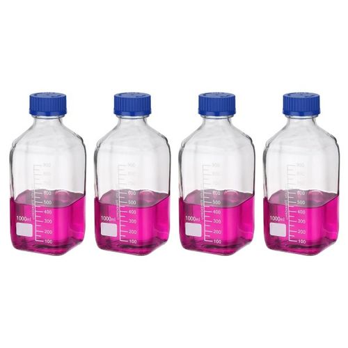 PATIKIL 4개 세트 시약 보존 병 1000ml 붕규산 유리 사각형 눈금 첨부 원형 GL32 파랑 나사 캡 실험실 용수