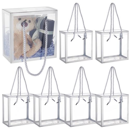10개 은색 테두리 끈손잡이 선물상자 투명 PVC 선물 상자 포장 박스 7.4x14.1x14.1cm, 은색, 10개