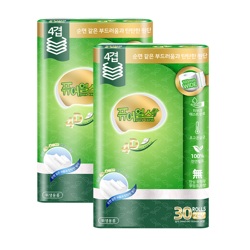 퓨어얼스 화장지,천연펄프 4겹 고급롤화장지, 24m, 30롤, 2개