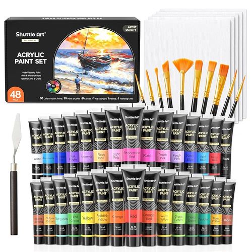 Shuttle Art 아크릴 물감 아크릴 안료 48종 세트 30색 페인트붓 10개 파레토 포함 속건 내구 튜브 36ml 수제 천/돌/유리/세라믹으로 그릴 수 있다 스펀지 캔버스 팔